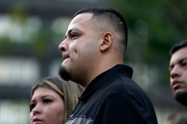 Kilmar Abrego, the migrant whose wrongful deportation to El Salvador made him a symbol of U.S. President Donald Trump's aggressive immigration policies, attends an event with his wife Jennifer Vasquez Sura and supporters, as he appears for a check-in at the ICE Baltimore field office three days after his release from criminal custody in Tennessee, in Baltimore, Maryland, on Aug. 25, 2025.