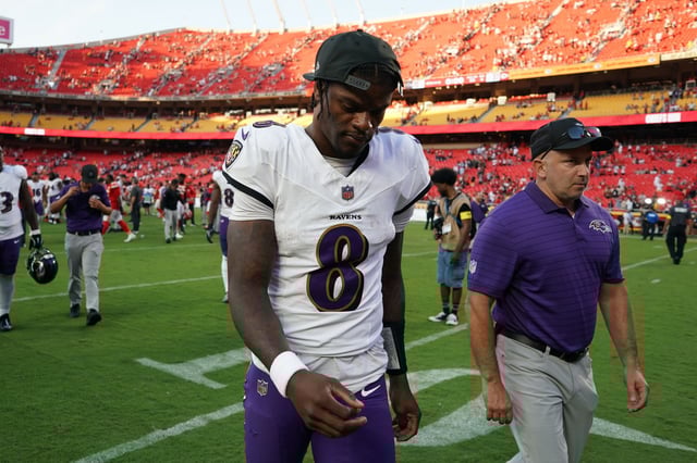 Baltimore Ravens quarterback Lamar Jackson is seen after an NFL football game against the Kansas City Chiefs Sunday, Sept. 28, 2025, in Kansas City, Mo.