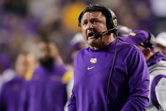 Nov 27, 2021; Baton Rouge, Louisiana, USA;  LSU Tigers head coach Ed Orgeron looks on during the first half against the Texas A&M Aggies at Tiger Stadium. Mandatory Credit: Stephen Lew-USA TODAY Sports/ File Photo