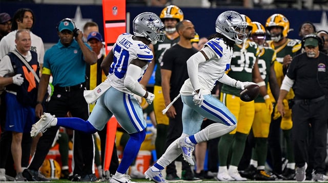 Sep 28, 2025; Arlington, Texas, USA; Dallas Cowboys linebacker Shemar James (50) and cornerback Trevon Diggs (7) during the game between the Dallas Cowboys and the Green Bay Packers at AT&T Stadium. Mandatory Credit: Jerome Miron-Imagn Images
