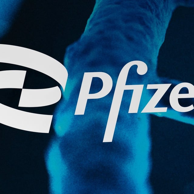 FILE - The Pfizer logo is displayed at the company's headquarters, Friday, Feb. 5, 2021, in New York. (AP Photo/Mark Lennihan, File)