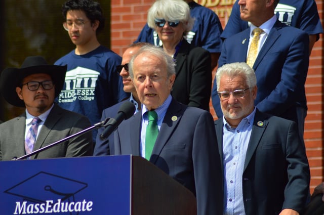 State Sen. Ed Kennedy speaks during a May 6, 2024 announcement by state Senate leaders of their proposal for universal free community college for all Massachusetts residents. If the proposal were to be approved by both chambers of the state legislature through the fiscal 2025 state budget process, free community college would be in effect for this year’s fall semester. (Peter Currier/Lowell Sun)