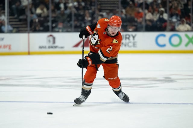 Ducks defenseman Jackson LaCombe shoots the puck during their game against the Winnipeg Jets on Dec. 18, 2024, at Honda Center. (AP Photo/Kyusung Gong)