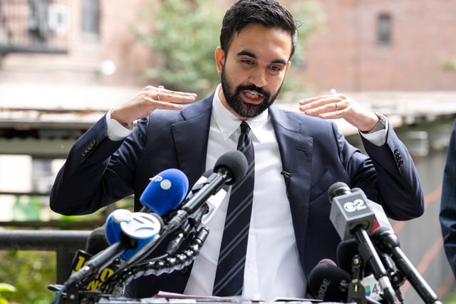 Zohran Mamdani speaks outside the 190th St. A train subway station Monday, Sept. 29, 2025, in Manhattan, New York, New York. (Barry Williams/ New York Daily News)