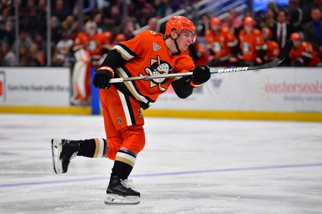 Jan 23, 2025; Anaheim, California, USA; Anaheim Ducks defenseman Jackson LaCombe (2) shoots on goal against the Pittsburgh Penguins during the third period at Honda Center. Mandatory Credit: Gary A. Vasquez-Imagn Images/ File Photo