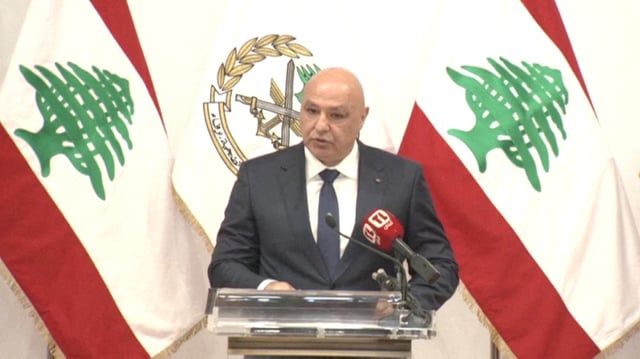 Lebanese President Joseph Aoun speaks during the commemoration of Lebanese Army Day, in Baabda, Lebanon, July 31, 2025 in this screengrab obtained from a video. Tele Liban Pool/via REUTERS TV