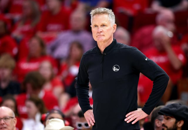 HOUSTON, TEXAS - APRIL 20:  Head coach Steve Kerr of the Golden State Warriors looks on during the third quarter against the Houston Rockets in Game One of the Western Conference First Round NBA Playoffs at Toyota Center on April 20, 2025 in Houston, Texas. NOTE TO USER: User expressly acknowledges and agrees that, by downloading and or using this photograph, User is consenting to the terms and conditions of the Getty Images License Agreement. (Photo by Alex Slitz/Getty Images)