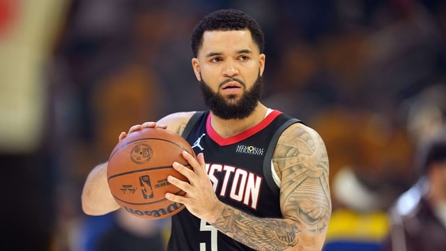 Apr 26, 2025; San Francisco, California, USA; Houston Rockets guard Fred VanVleet (5) before game three of first round for the 2024 NBA Playoffs against the Golden State Warriors at Chase Center. Mandatory Credit: Darren Yamashita-Imagn Images