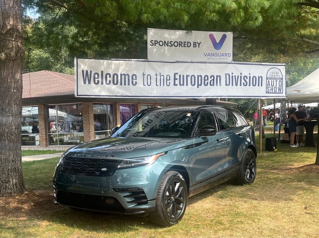 Land Rover Range Rover Velar in front of the European Division sign at Northwood University International Auto Show on Sept. 20, 2025, in Midland, Michigan