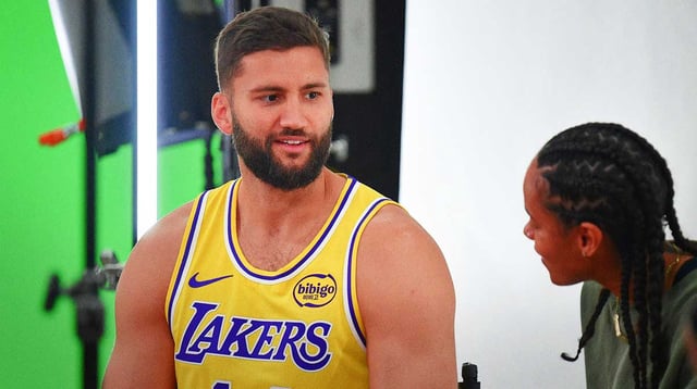 Sep 29, 2025; Los Angeles, CA, USA; Los Angeles Lakers center Maxi Kleber (14) during media day at UCLA Health Training Center. Mandatory Credit: Gary A. Vasquez-Imagn Images