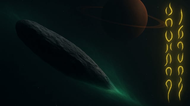 art of 3i/atlas in space near an unknown planet and alien text