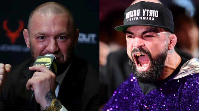Conor McGregor speaks at a BKFC press conference, opposite Mike Perry walking to the ring for his boxing match against Jake Paul. Credit: Leonardo Fernandez/Getty Images/Julio Aguilar/Getty Images