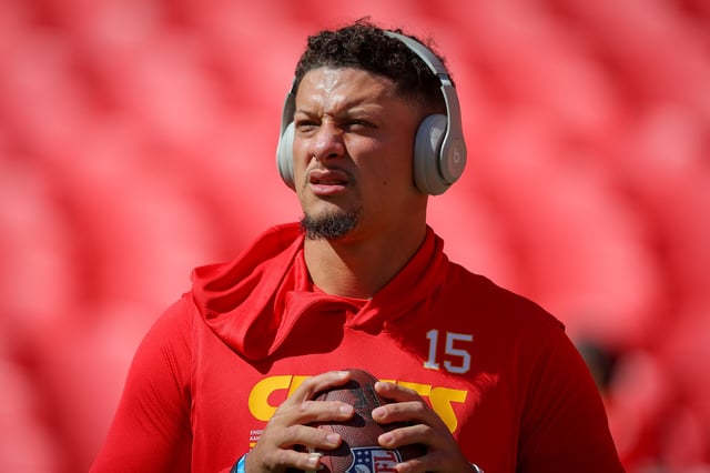 Patrick Mahomes #15 of the Kansas City Chiefs warms up prior to the NFL 2025 game between Baltimore Ravens and Kansas City Chiefs at Arrowhead Stadium on September 28, 2025 in Kansas City, United States.