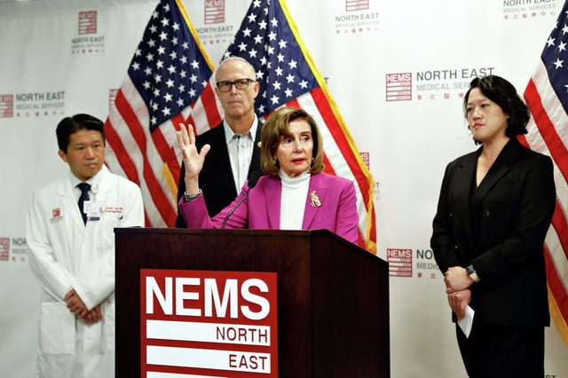 Speaker Emerita Nancy Pelosi discusses the government shutdown's impact on health care access at North East Medical Services on Oct. 2, 2025 in San Francisco.