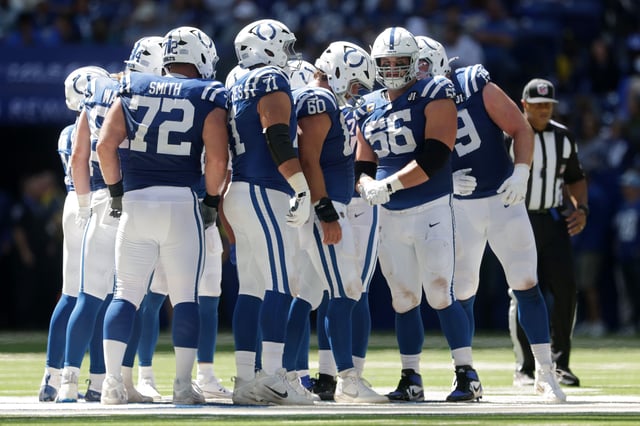 INDIANAPOLIS, INDIANA - SEPTEMBER 07: The Indianapolis Colts huddle up during the second quarter against the Miami Dolphins during the game at Lucas Oil Stadium on September 07, 2025 in Indianapolis, Indiana. (Photo by Michael Hickey/Getty Images)