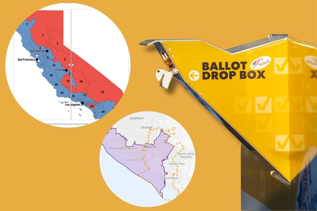 October 6 marks the beginning of the voting period for California’s Proposition 50 special election. (Photo by Mark Rightmire, Orange County Register/SCNG. Maps courtesy of the Associated Press and CalMatters. Composite by Dorothy Elder, SCNG)