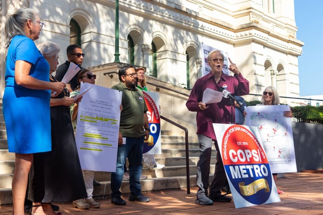 COPS/Metro Alliance member Ken Amerson speaks against Proposition B at a press conference in front of City Hall on Oct. 2, 2025.