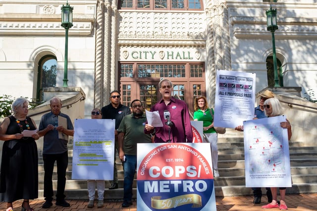 COPS/Metro Alliance member Ken Amerson speaks against Proposition B at a press conference in front of City Hall on Oct. 2, 2025.