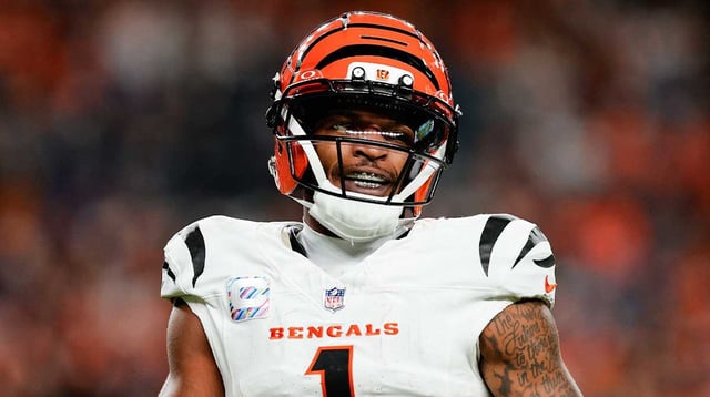 Sep 29, 2025; Denver, Colorado, USA; Cincinnati Bengals wide receiver Ja'Marr Chase (1) looks on during the third quarter against the Denver Broncos at Empower Field at Mile High.