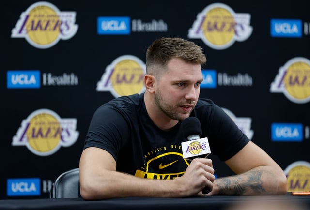 EL SEGUNDO, CALIFORNIA - SEPTEMBER 29:  Luka Doncic #77 of the Los Angeles Lakers speaks with the media during Los Angeles Lakers Media Day at UCLA Health Training Center on September 29, 2025 in El Segundo, California.  NOTE TO USER: User expressly acknowledges and agrees that, by downloading and or using this photograph, User is consenting to the terms and conditions of the Getty Images License Agreement.