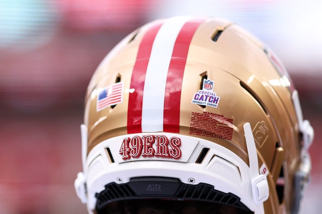 SANTA CLARA, CALIFORNIA - SEPTEMBER 28: A detailed view of a Crucial Catch sticker on the helmet worn by Skyy Moore #9 of the San Francisco 49ers prior to the game against the Jacksonville Jaguars at Levi's Stadium on September 28, 2025 in Santa Clara, California. (Photo by Brooke Sutton/Getty Images)