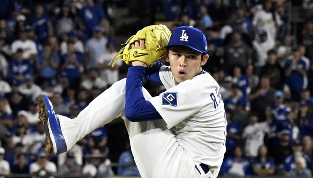 Dodgers relief pitcher Roki Sasaki throws to the plate during the ninth inning of Game 2 of their National League Wild Card Series against the Cincinnati Reds on Wednesday night at Dodger Stadium. Have the Dodgers found their postseason closer? (Photo by Keith Birmingham, Pasadena Star-News/SCNG)