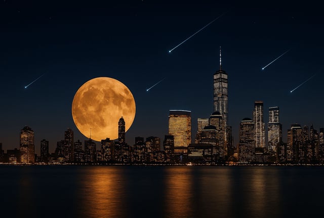 La NASA explica que en octubre de 2025 se espera una superluna. Sin embargo, también lluvias de estrellas fugaces iluminarán el firmamento nocturno de la Tierra. (Foto: Imagen creada por El Comercio MAG usando la IA de Copilot)
