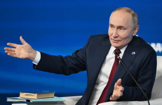 THIS IMAGE WAS DIRECTLY PROVIDED BY A THIRD PARTY AND HAS NOT BEEN VETTED FOR EDITORIAL ACCURACY BY THE AP EDITORIAL TEAM. THE IMAGE MAY CONTAIN REFERENCES THAT DO NOT ADHERE TO AP’S EDITORIAL STANDARDS CONCERNING THE CONFLICT IN UKRAINE. AP ALSO CANNOT INDEPENDENTLY VERIFY, THE DATE, LOCATION OR CONDITIONS UNDER WHICH IT WAS SHOT. 9018454 02.10.2025 Russian President Vladimir Putin speaks during a plenary session "The Polycentric World: Instructions for Use" of the Valdai International Discussion Club in Sochi, Krasnodar region, Russia. Grigory Sysoev / Sputnik  via AP
