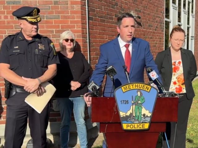 Methuen Mayor D.J. Beauregard speaks, flanked at left by Police Chief Scott McNamara and at right by Health Department Director Caeli Tegan Zampach, to announce a "war" on human trafficking in the city during a press conference Thursday. (City of Methuen screengrab)