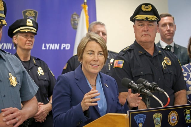 Gov. Maura Healey speaks as the governor holds a Public Safety Strategy session at Lynn Police Department Thursday. (Stuart Cahill/Boston Herald)