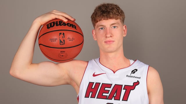 Sep 29, 2025; Miami, FL, USA; Miami Heat guard Kasparas Jakucionis (25) poses for a photo during media day at Kaseya Center. Mandatory Credit: Sam Navarro-Imagn Images
