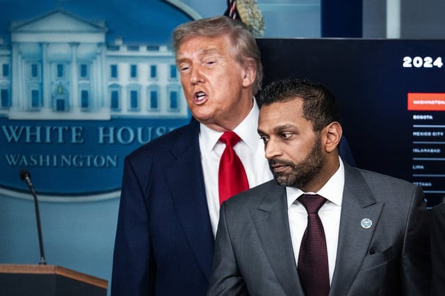 President Donald Trump and FBI Director Kash Patel in the White House briefing room on Aug. 11, 2025.