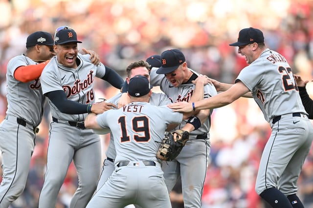 Will Vest (19) and the Tigers celebrate after defeating the Guardians 6-3 in Game 3 of the American League wild-card series at Progressive Field on Thursday, Oct. 2, 2025, in Cleveland. (Nick Cammett/Getty Images)