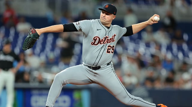 Sep 12, 2025; Miami, Florida, USA; Detroit Tigers starting pitcher Tarik Skubal (29) delivers a pitch against the Miami Marlins during the first inning at loanDepot Park. Mandatory Credit: Sam Navarro-Imagn Images