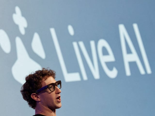 Meta CEO Mark Zuckerberg wears the Meta Ray-Ban Display glasses during at presentation at the Meta Connect event in Silicon Valley