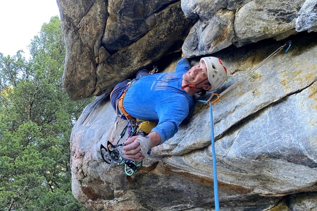 Alaskan climber Balin Miller climbing the route "Croc’s Nose" at Crocodile Rock in Hyalite Canyon near Bozeman, Mont., Sept. 29, 2024. (Dylan Miller via AP)