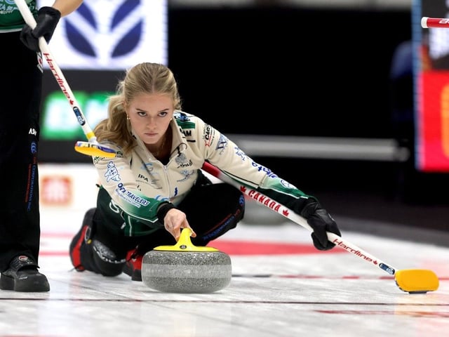 Skip Myla Plett delivers a rock during the PointsBet Invitational at WinSport Event Centre in Calgary on Wednesday, Oct. 1, 2025.