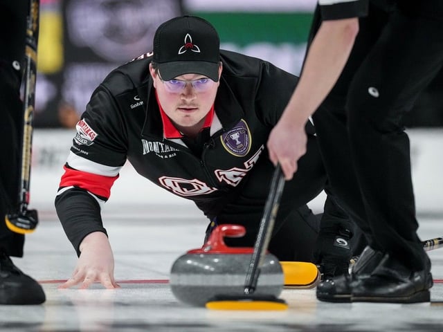  Ontario skip Sam Mooibroek watches his shot during the 2025 Montana’s Brier in Kelowna, B.C.