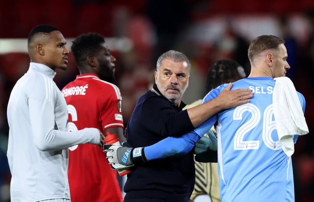 Soccer Football - UEFA Europa League - Nottingham Forest v FC Midtjylland - The City Ground, Nottingham, Britain - October 2, 2025 Nottingham Forest manager Ange Postecoglou and Matz Sels look dejected after the match REUTERS/David Klein
