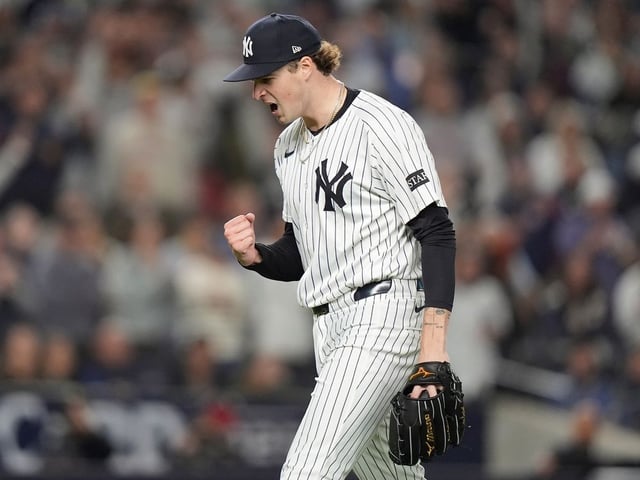 New York Yankees pitcher Cam Schlittler reacts as he walks off the field at the end of the top of the eighth inning of Game 3 of an American League wild-card baseball playoff series against the Boston Red Sox, Thursday, Oct. 2, 2025, in New York.