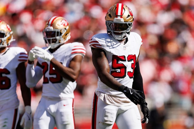 SANTA CLARA, CALIFORNIA - SEPTEMBER 21: Dee Winters #53 of the San Francisco 49ers stands on the field during the second half of an NFL football game against the Arizona Cardinals at Levi's Stadium on September 21, 2025 in Santa Clara, California. (Photo by Brooke Sutton/Getty Images)