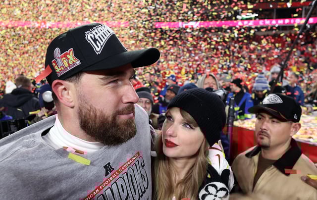 KANSAS CITY, MISSOURI - JANUARY 26: Travis Kelce #87 of the Kansas City Chiefs celebrates with Taylor Swift after the Chiefs defeated the Buffalo Bills 32-29 to win the AFC Championship Game at GEHA Field at Arrowhead Stadium on January 26, 2025 in Kansas City, Missouri. (Photo by Jamie Squire/Getty Images)