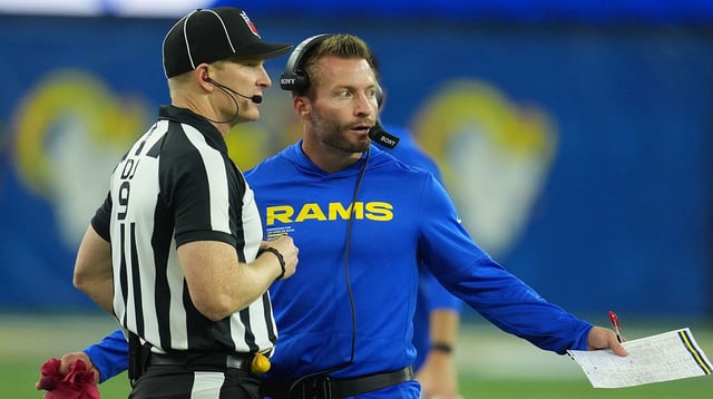 Oct 2, 2025; Inglewood, California, USA; Los Angeles Rams head coach Sean McVay reacts during the second half at SoFi Stadium. Mandatory Credit: Kirby Lee-Imagn Images