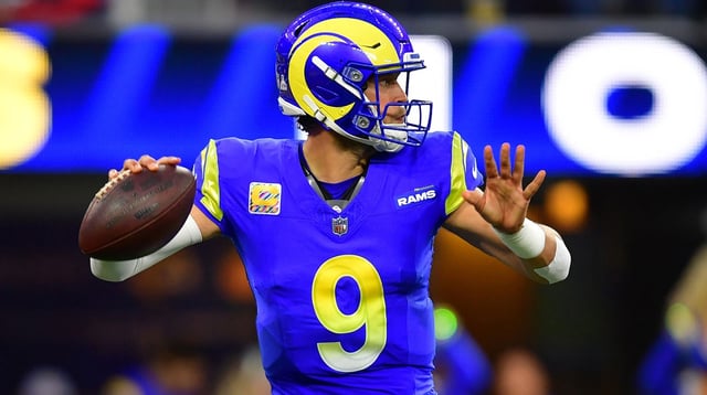 Oct 2, 2025; Inglewood, California, USA; Los Angeles Rams quarterback Matthew Stafford (9) drops back to pass against the San Francisco 49ers during the first half at SoFi Stadium. Mandatory Credit: Gary A. Vasquez-Imagn Images