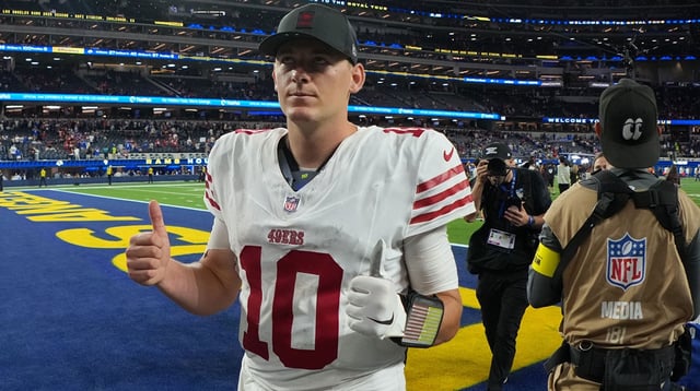 Oct 2, 2025; Inglewood, California, USA; San Francisco 49ers quarterback Mac Jones (10) reacts after the game against the Los Angeles Rams at SoFi Stadium. Mandatory Credit: Kirby Lee-Imagn Images