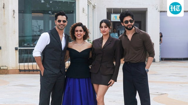 Bollywood actors Varun Dhawan, Janhvi Kapoor, Sanya Malhotra, and Rohit Saraf pose for a photograph while promoting their upcoming film in Mumbai