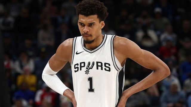 Feb 3, 2025; Memphis, Tennessee, USA; San Antonio Spurs center Victor Wembanyama (1) reacts during the second quarter against the Memphis Grizzlies at FedExForum. Mandatory Credit: Petre Thomas-Imagn Images