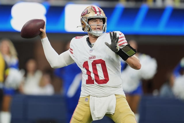 San Francisco 49ers quarterback Mac Jones (10) passes against the Los Angeles Rams during the first half of an NFL football game, Thursday, Oct. 2, 2025, in Inglewood, Calif. (AP Photo/Marcio Jose Sanchez)