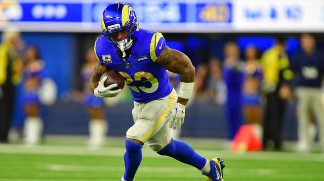 Oct 2, 2025; Inglewood, California, USA; Los Angeles Rams running back Kyren Williams (23) rushes the ball against the San Francisco 49ers during the second half at SoFi Stadium. Mandatory Credit: Gary A. Vasquez-Imagn Images