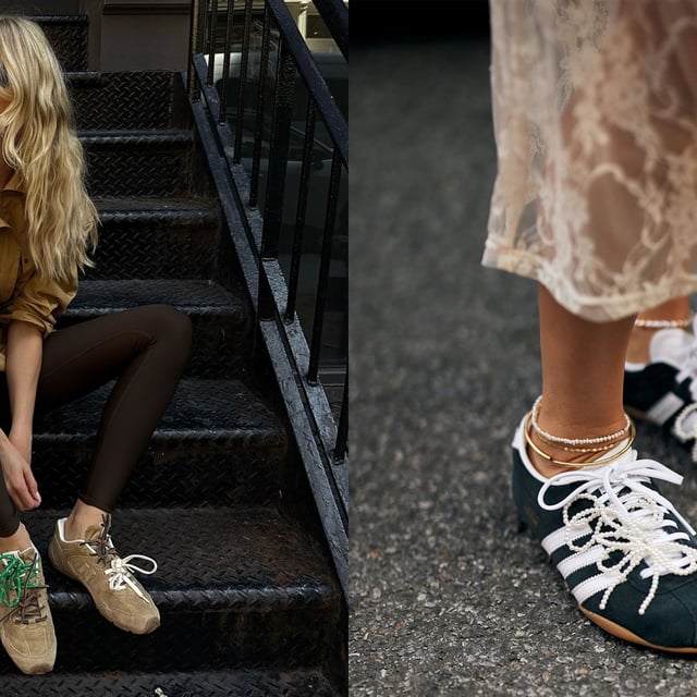 Women in suede sneakers.